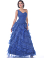 1997 Blue Ruched One Shoulder Tiered Evening Dress - Front Image